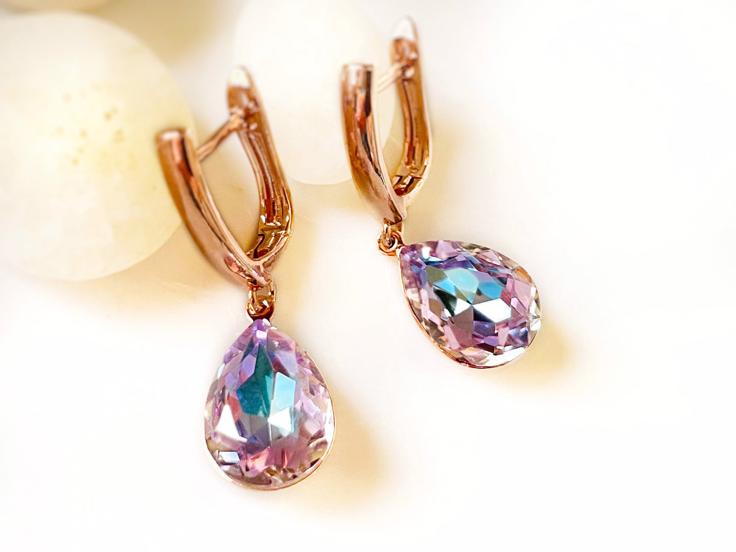 Mystic amethyst crystal teardrop earrings, lavender blue color earrings, fancy crystal studs, gift for mom, gift for her