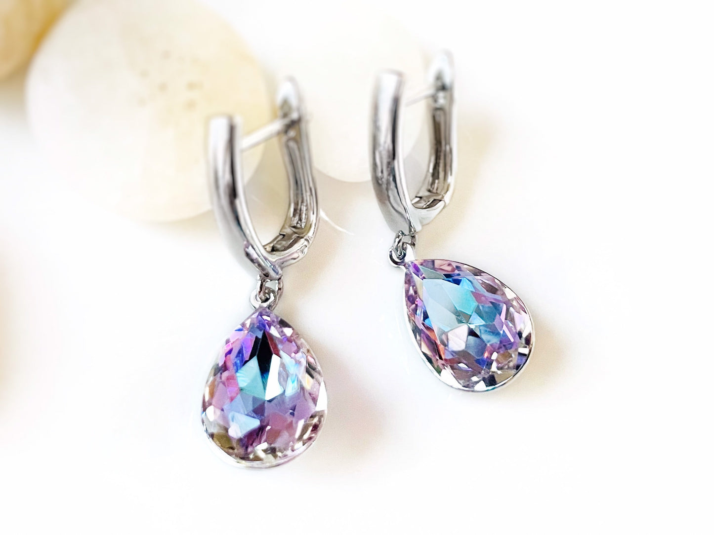 Mystic amethyst crystal teardrop earrings, lavender blue color earrings, fancy crystal studs, gift for mom, gift for her
