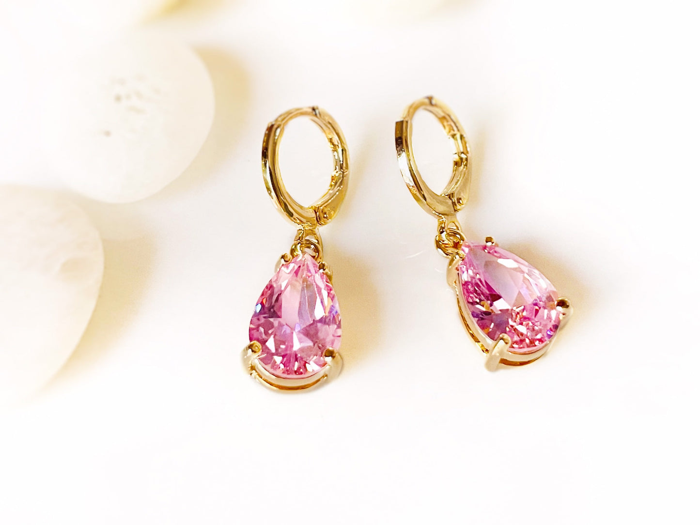 Pink sapphire teardrop huggie dangle earring, Pink gemstone earrings, October birthstones, gift for her, gift for mom