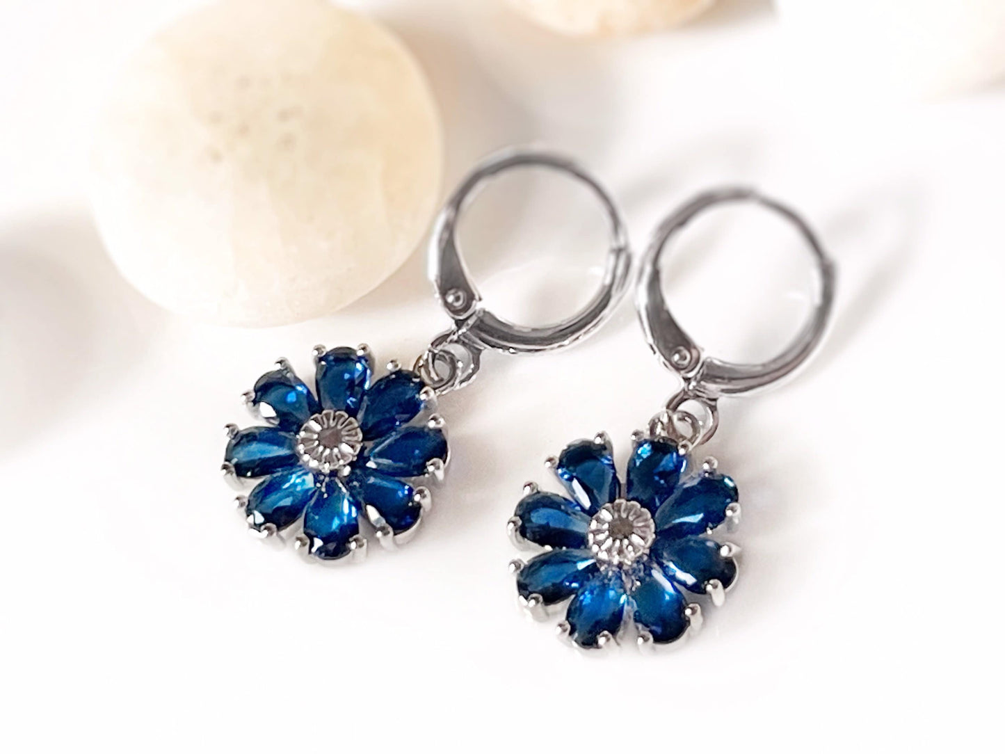 Daisy sapphire 2pc jewelry set, blue gemstone flower drop earrings, September birthstone, gift for mom, gift for her