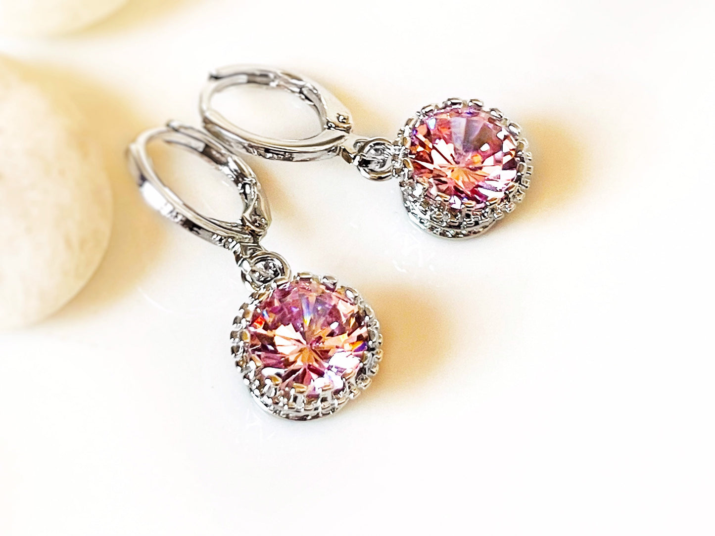 Pink sapphire dangle earrings, pink gemstone drop earrings, gift for her, gift for daughter, October birthstone,