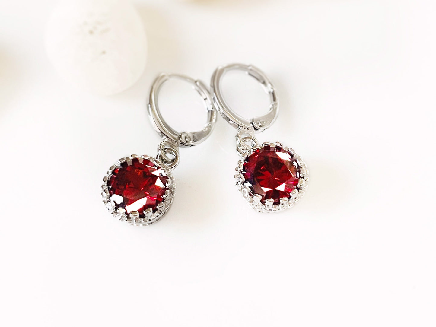 Garnet 8mm round dangle earrings, small red bezel gemstone huggie earrings, gift for her, gift for daughter, January birthstone