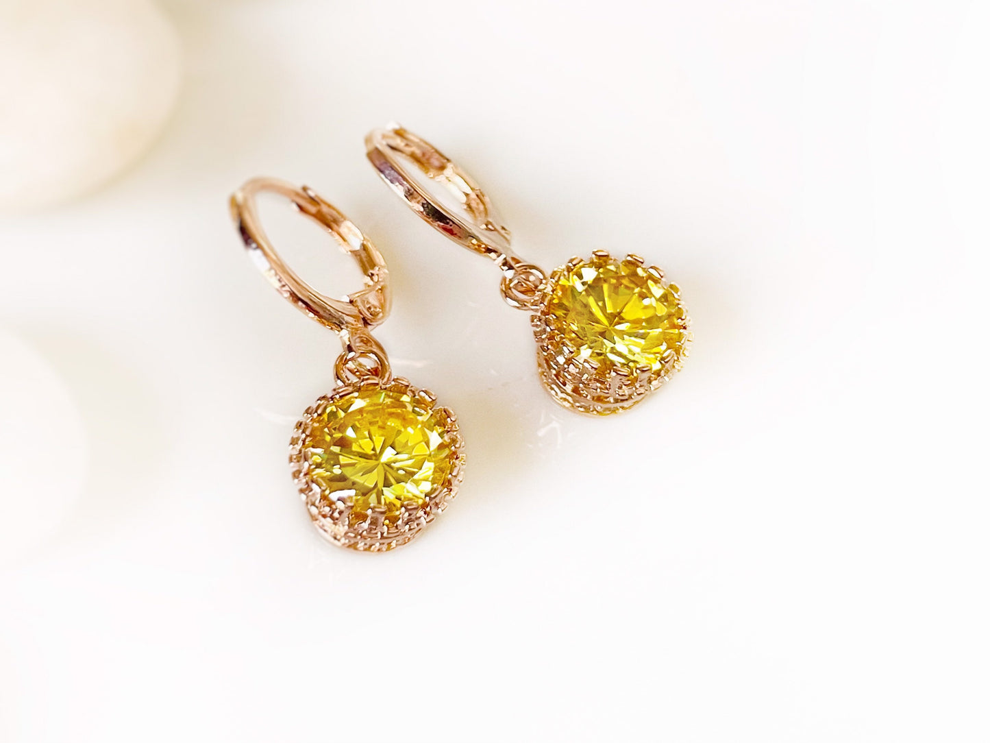 Citrine solitaire dangle huggie earrings, yellow gemstone drop earrings, gift for her, gift for daughter, November birthstone