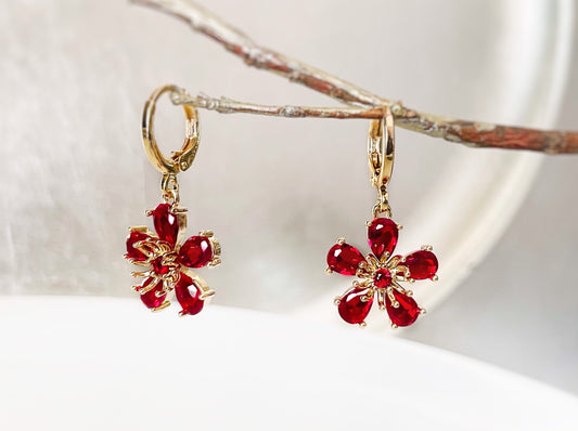 Ruby Red Flower Dangle Earrings