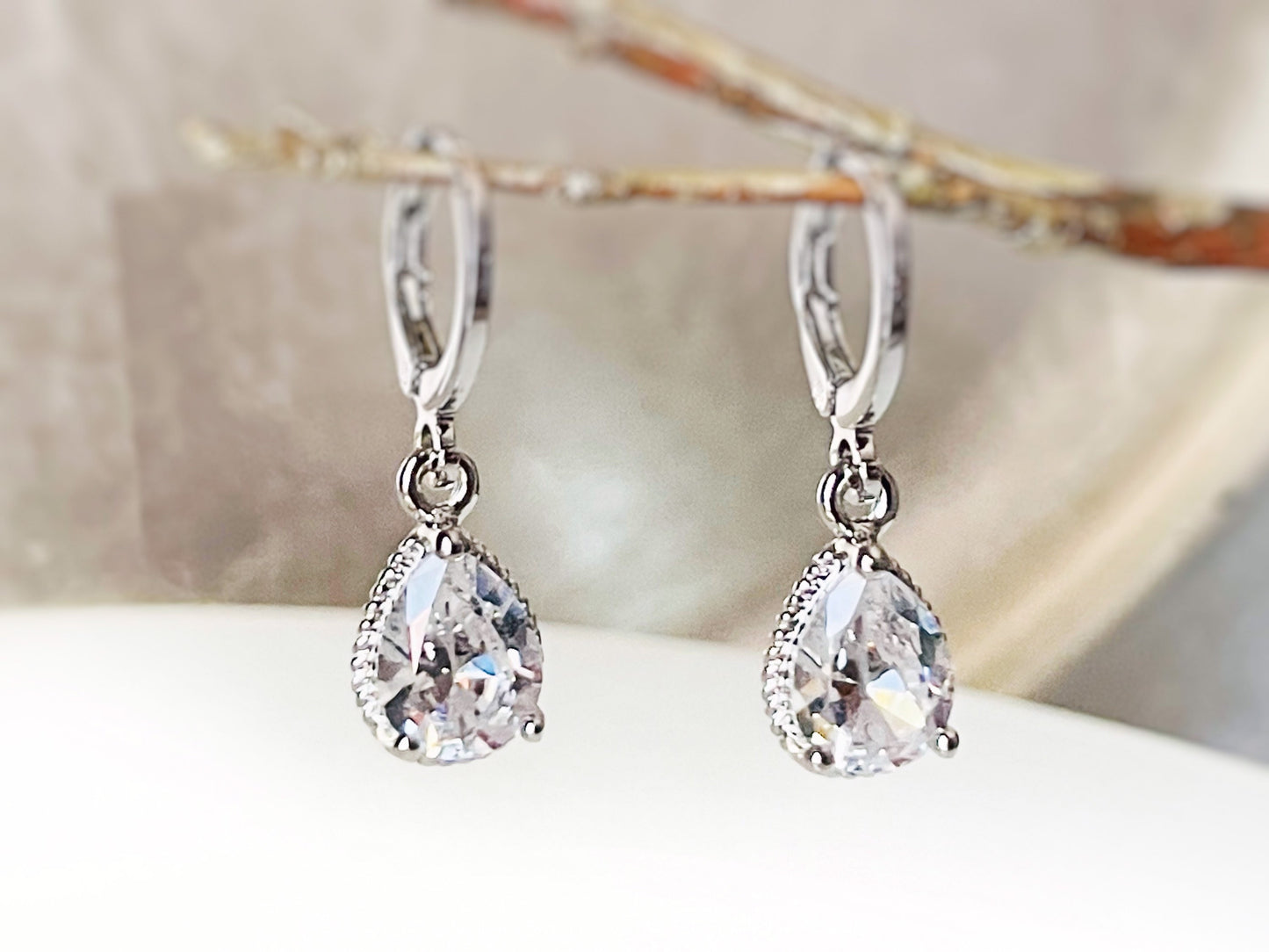 White sapphire teardrop dangle earring, small white gemstone bezel earrings, April birthstones, gift for her, gift for girls