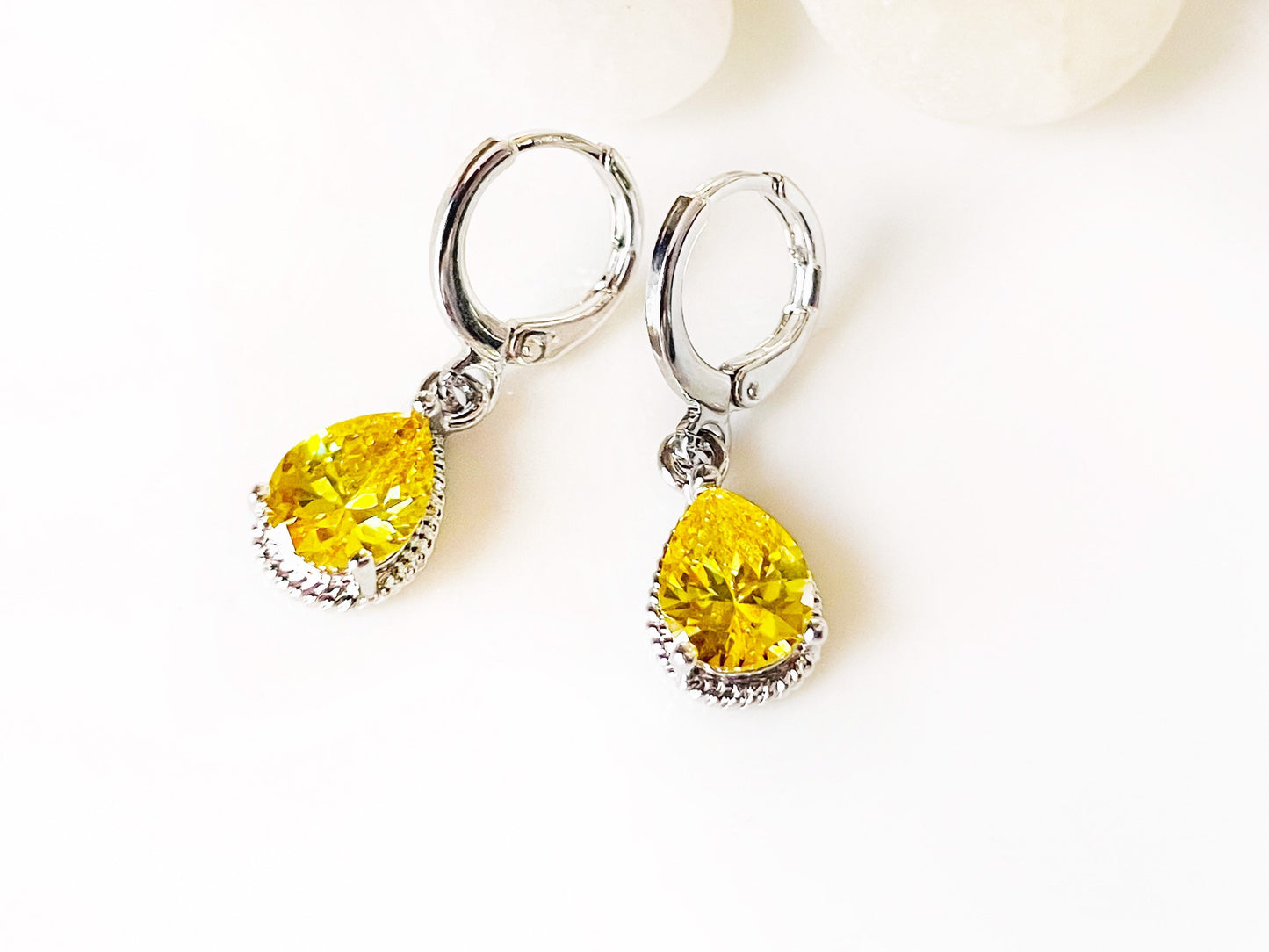 Citrine teardrop bezel dangle earrings white gold, small teardrop yellow gemstone earrings, gift for her, gift for mom, November birthstones