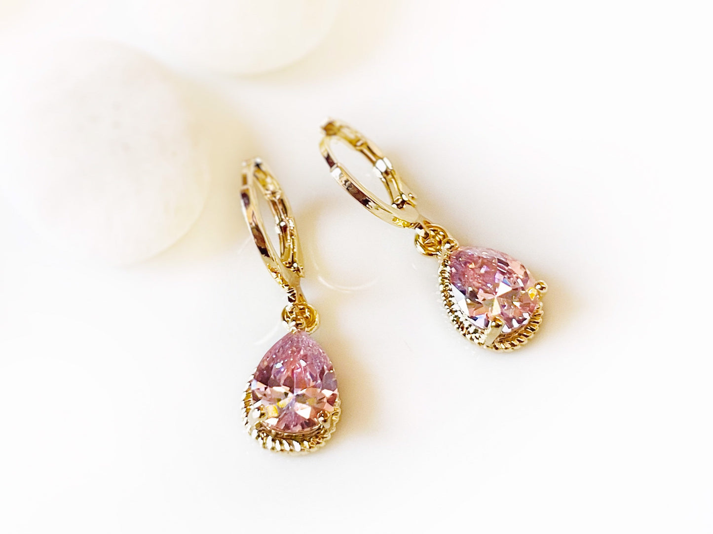 Pink sapphire gemstone huggie dangle earring in 14K gold, October birthstones, pink gem teardrop earrings, girl earrings, gift for her