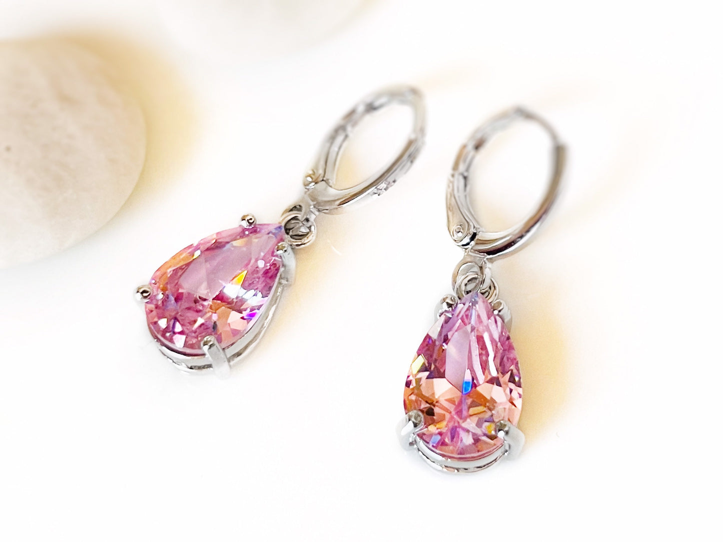 Pink sapphire teardrop huggie dangle earring, Pink gemstone earrings, October birthstones, gift for her, gift for mom