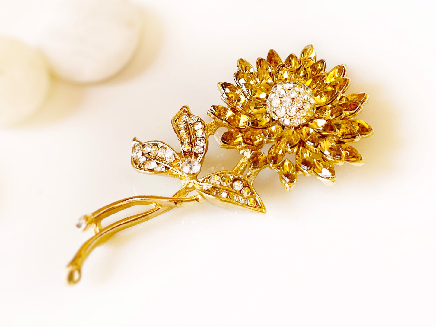 Orange topaz sunflower brooch in 14K rose gold, orange yellow crystal sunflower brooch, gift for her, gift for mom
