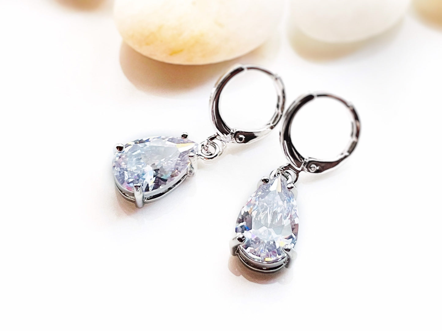 White sapphire teardrop dangle earrings, white gemstone teardrop drop earrings, gift for her, bridal earrings, April birthstone gift