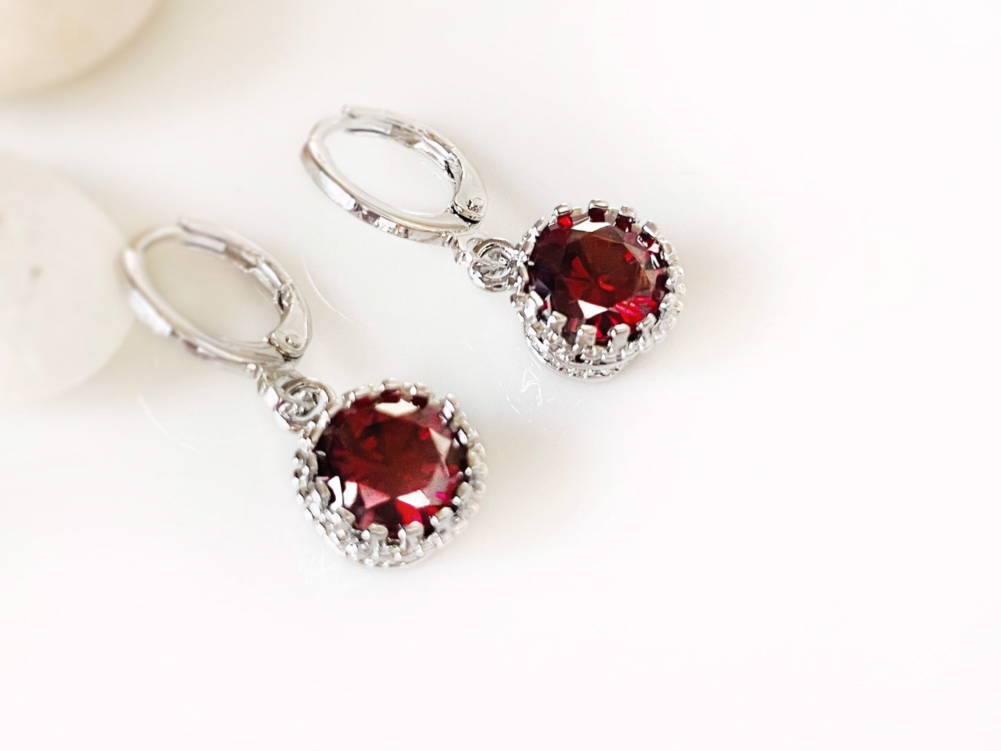 Garnet 8mm round dangle earrings, small red bezel gemstone huggie earrings, gift for her, gift for daughter, January birthstone
