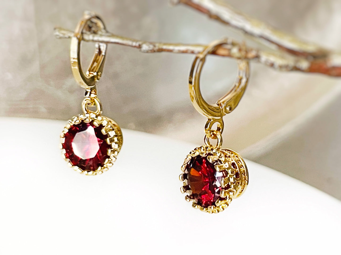 Garnet 8mm round dangle earrings, small red bezel gemstone huggie earrings, gift for her, gift for daughter, January birthstone