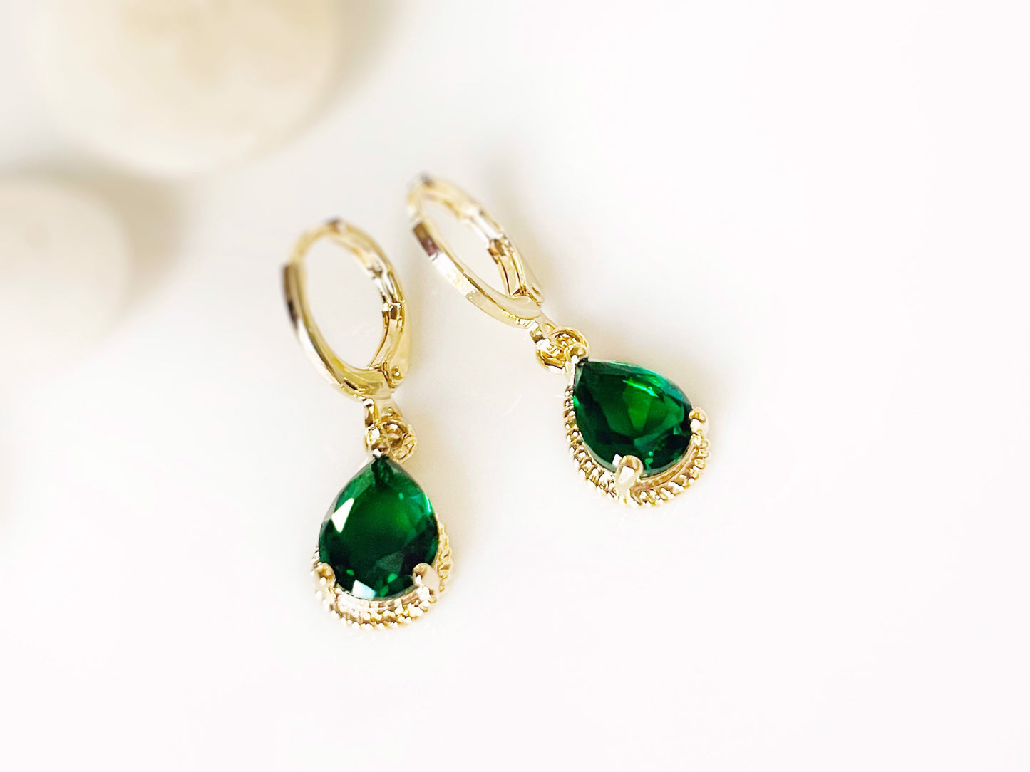 Small emerald bezel earrings, green teardrop gemstone dangle earrings, gift for her, gift for girls, May birthstone
