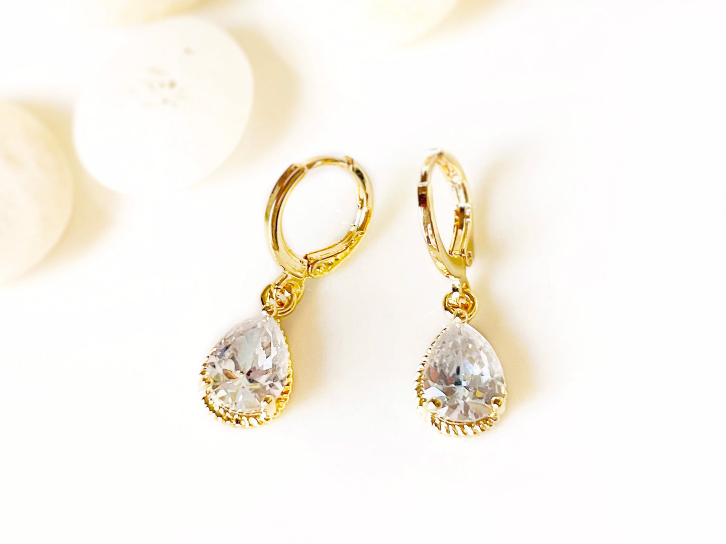 White sapphire teardrop dangle earring, small white gemstone bezel earrings, April birthstones, gift for her, gift for girls