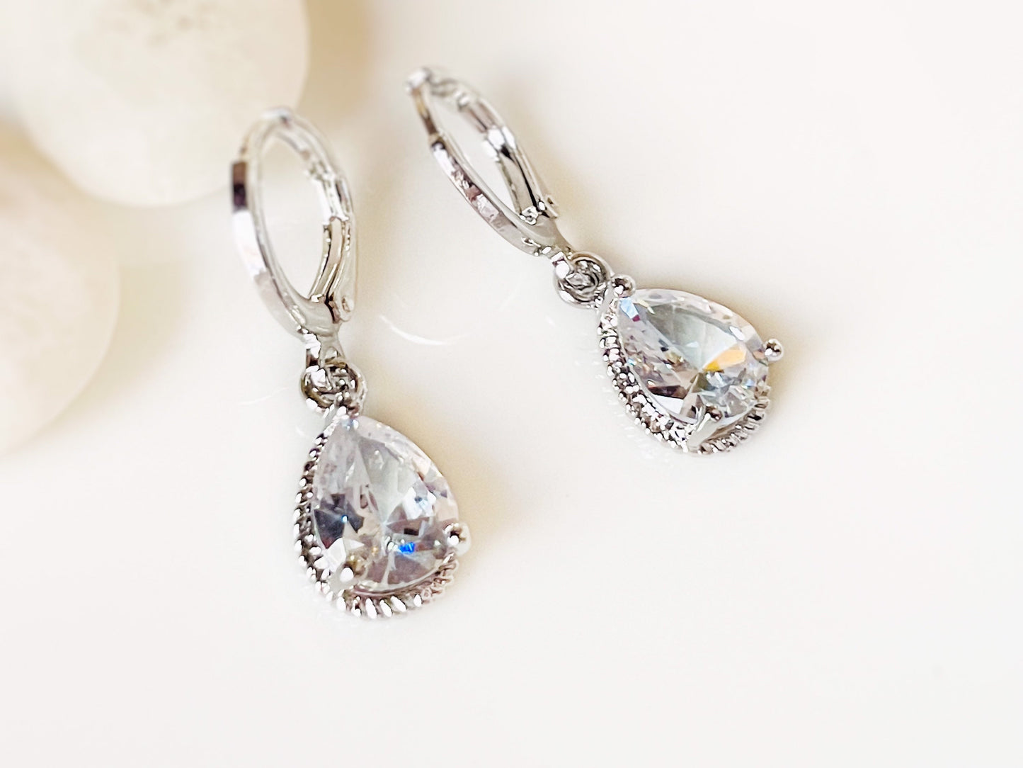 White sapphire teardrop dangle earring, small white gemstone bezel earrings, April birthstones, gift for her, gift for girls