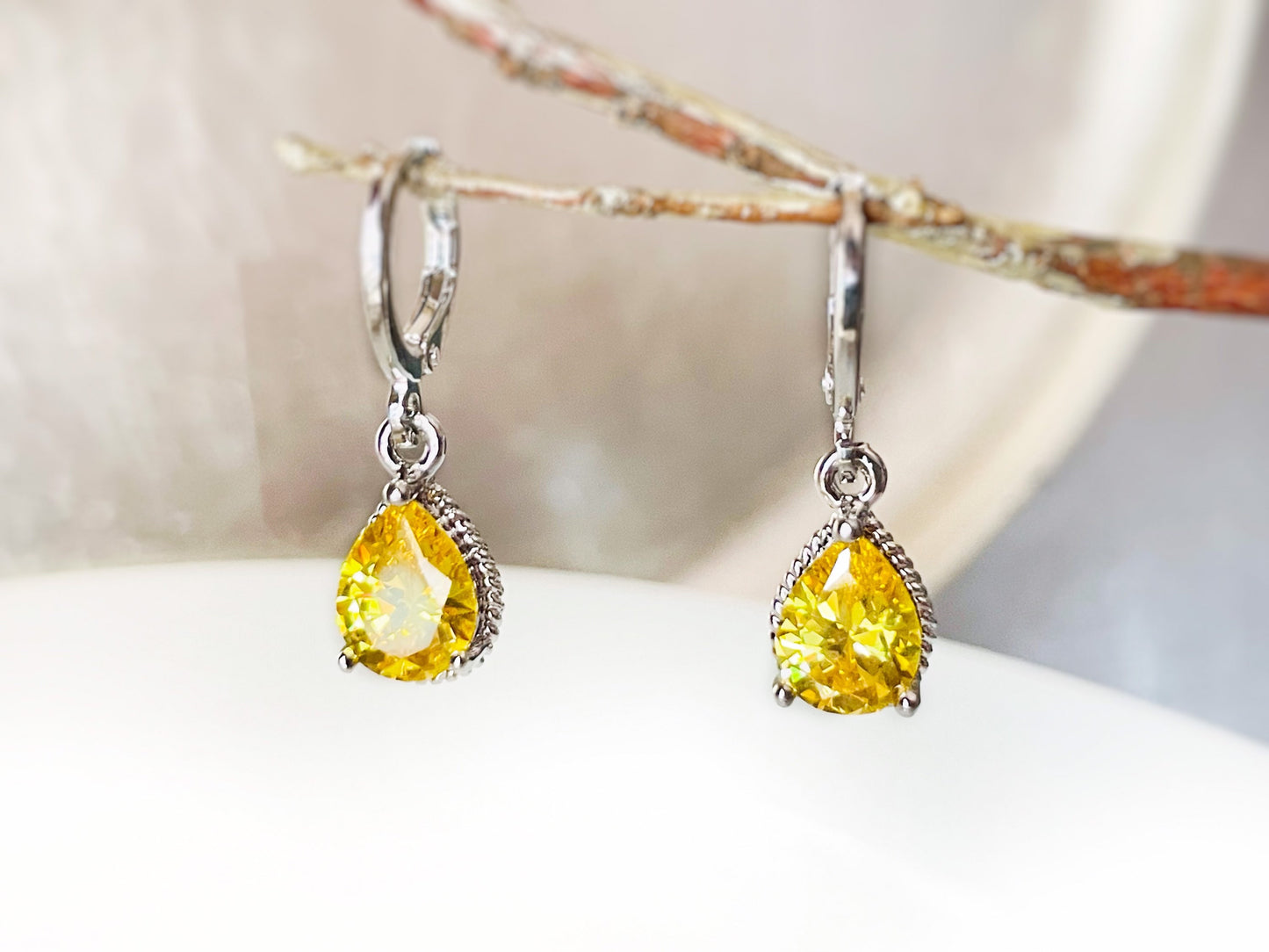 Citrine teardrop bezel dangle earrings rose gold, small teardrop yellow gemstone earrings, gift for her, gift for mom, November birthstones