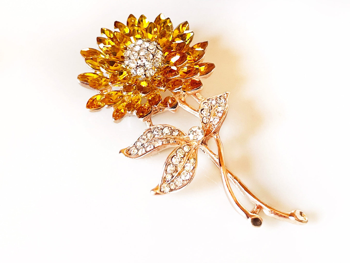 Orange topaz sunflower brooch in 14K rose gold, orange yellow crystal sunflower brooch, gift for her, gift for mom