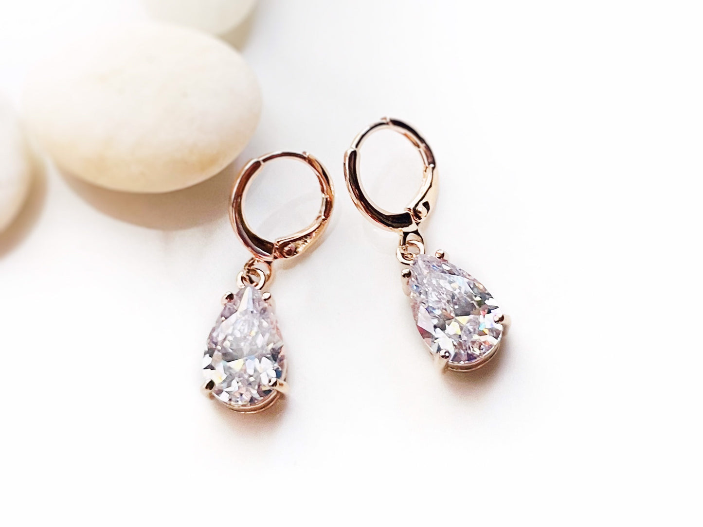 White sapphire teardrop dangle earrings, white gemstone teardrop drop earrings, gift for her, bridal earrings, April birthstone gift