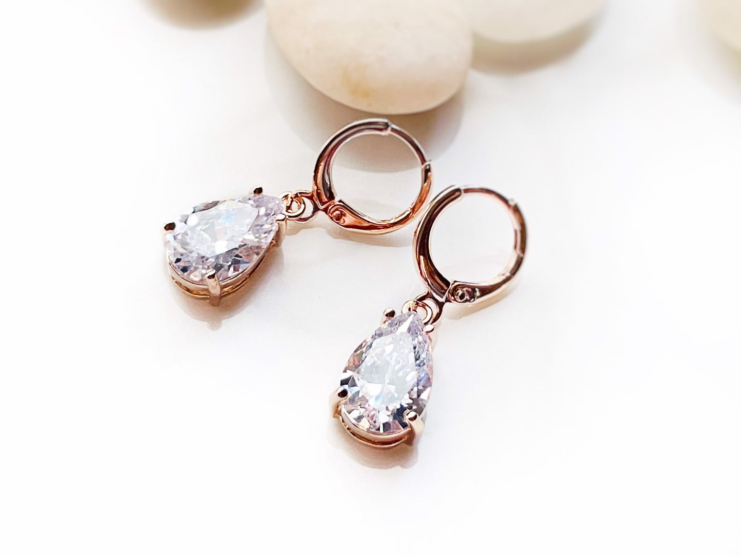 White sapphire teardrop dangle earrings, white gemstone teardrop drop earrings, gift for her, bridal earrings, April birthstone gift