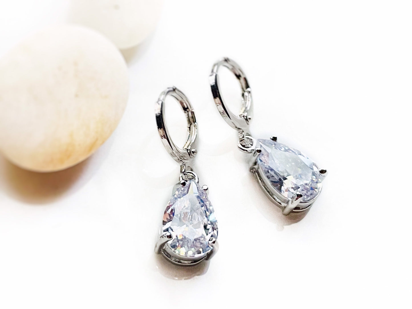White sapphire teardrop dangle earrings, white gemstone teardrop drop earrings, gift for her, bridal earrings, April birthstone gift
