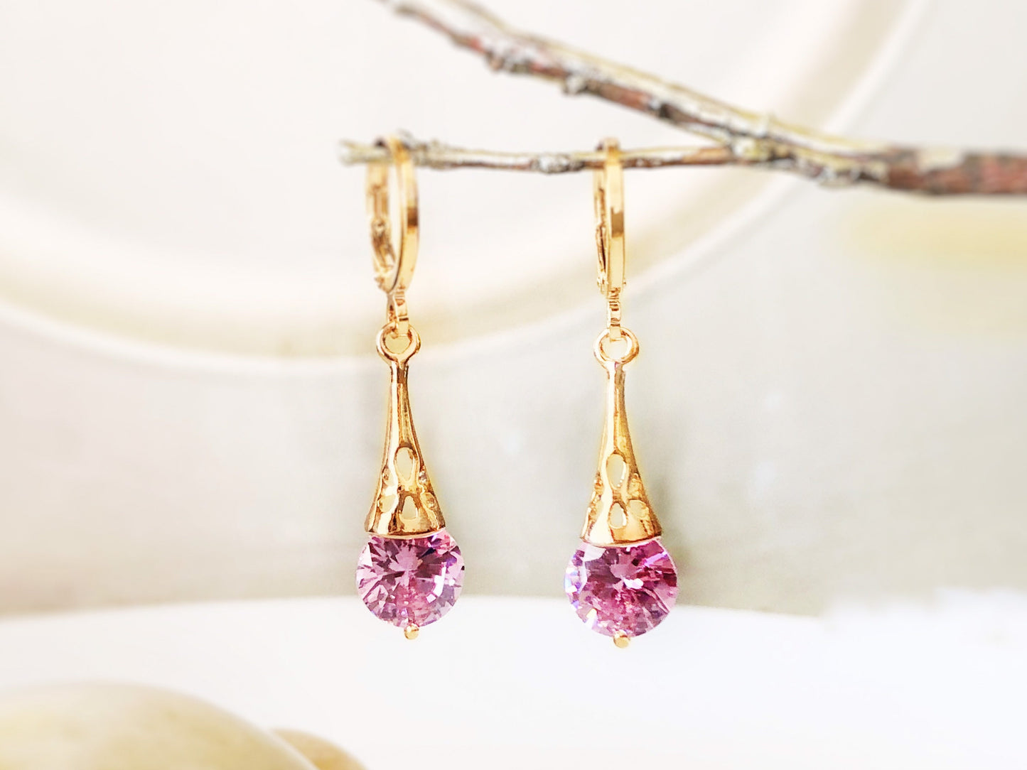 Pink sapphire filigree dangle earrings, small pink gemstone drop earrings, gift for her, gift for daughter, October birthstone