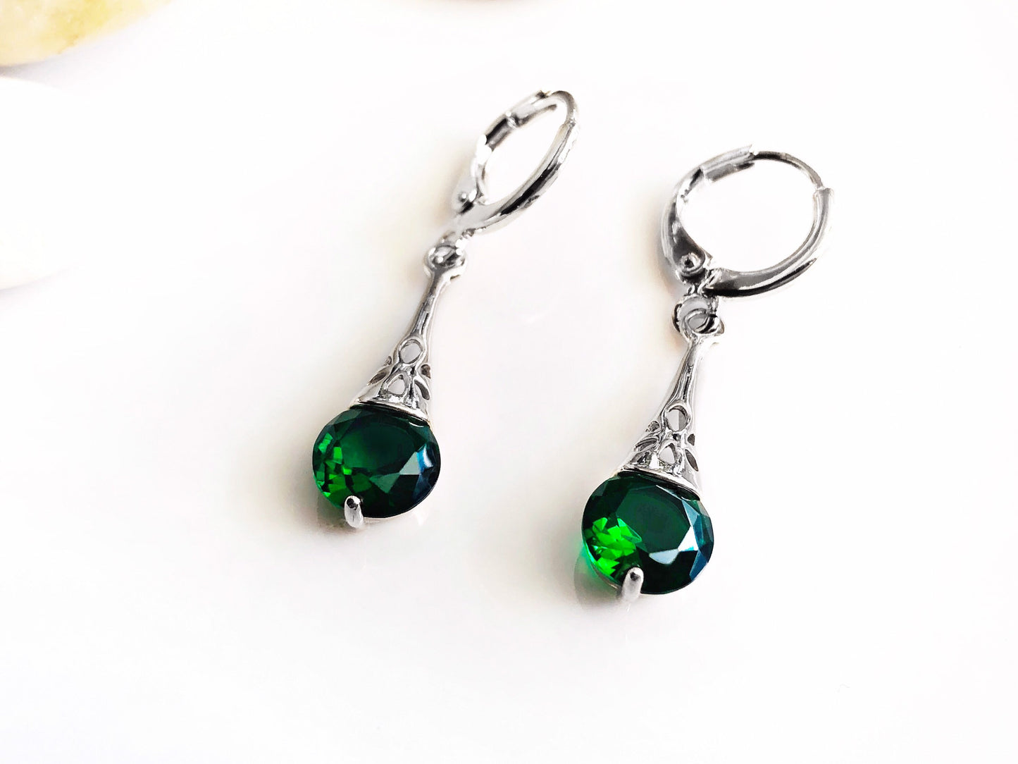 Emerald filigree dangle earrings, green gemstone dangles, gift for her, gift for daughter, May birthstone