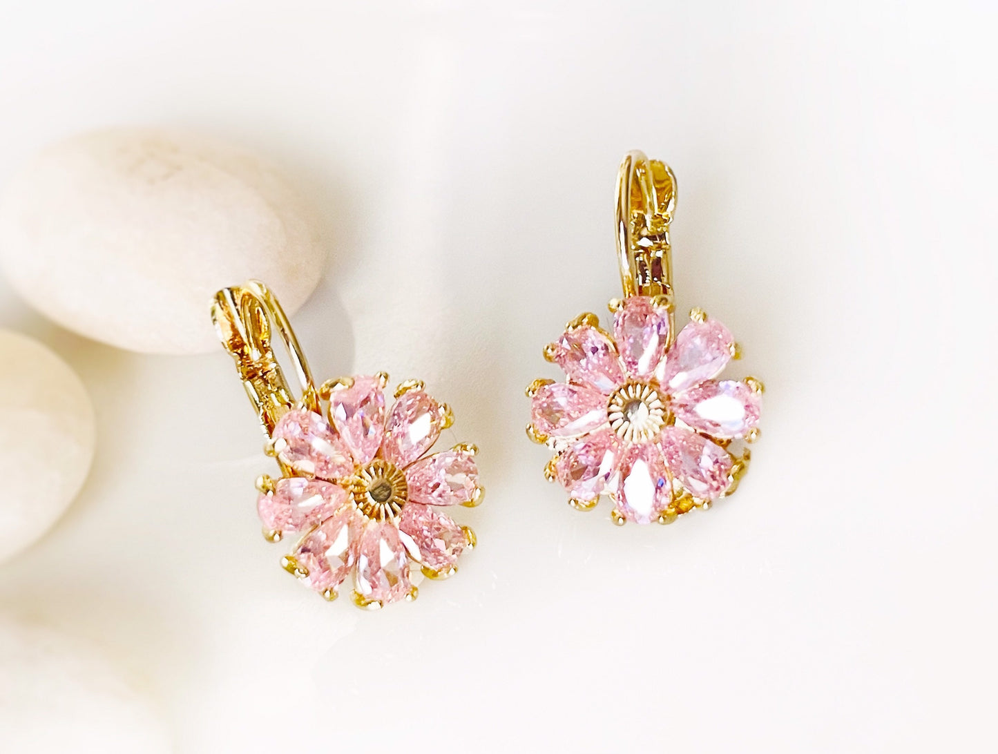 Pink sapphire daisy flower dangle earrings