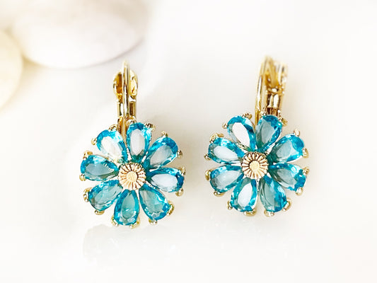Blue topaz daisy leverback earrings, blue gemstone flower earrings, December birthstone earrings, gift for mom, gift for her
