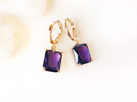 Small emerald cut amethyst dangle earrings, purple gemstone drop earrings, February birthstone, gift for women, gift for girls
