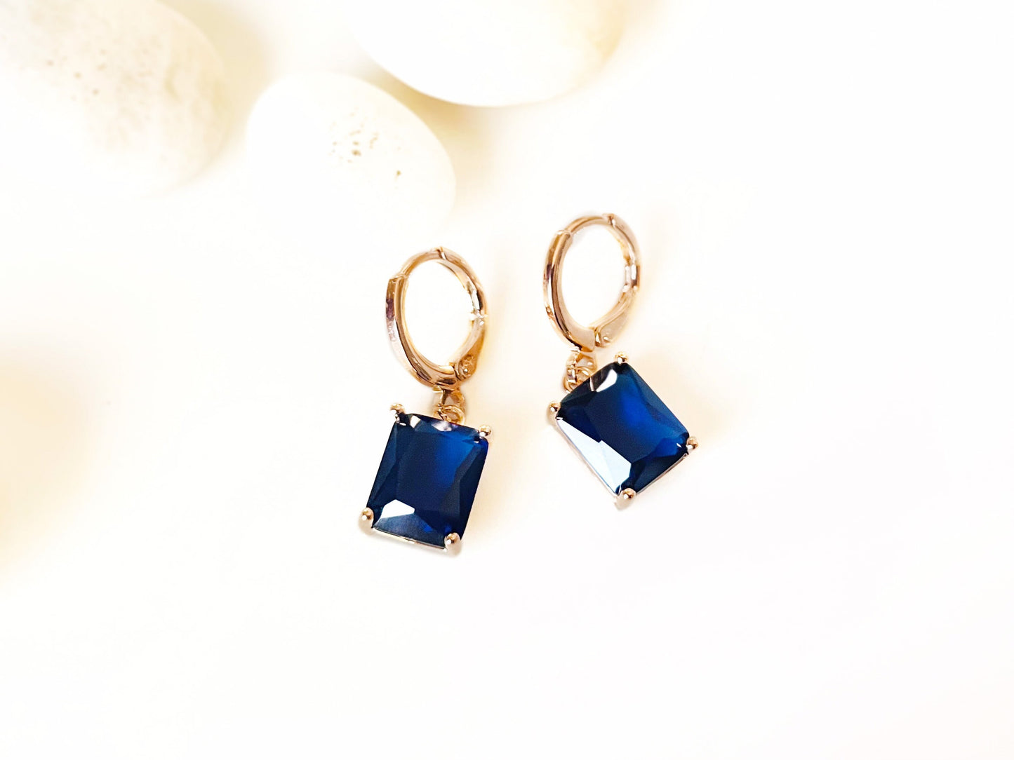 Small emerald cut sapphire dangling earring, small blue gemstone earrings, September birthstone, gift for her