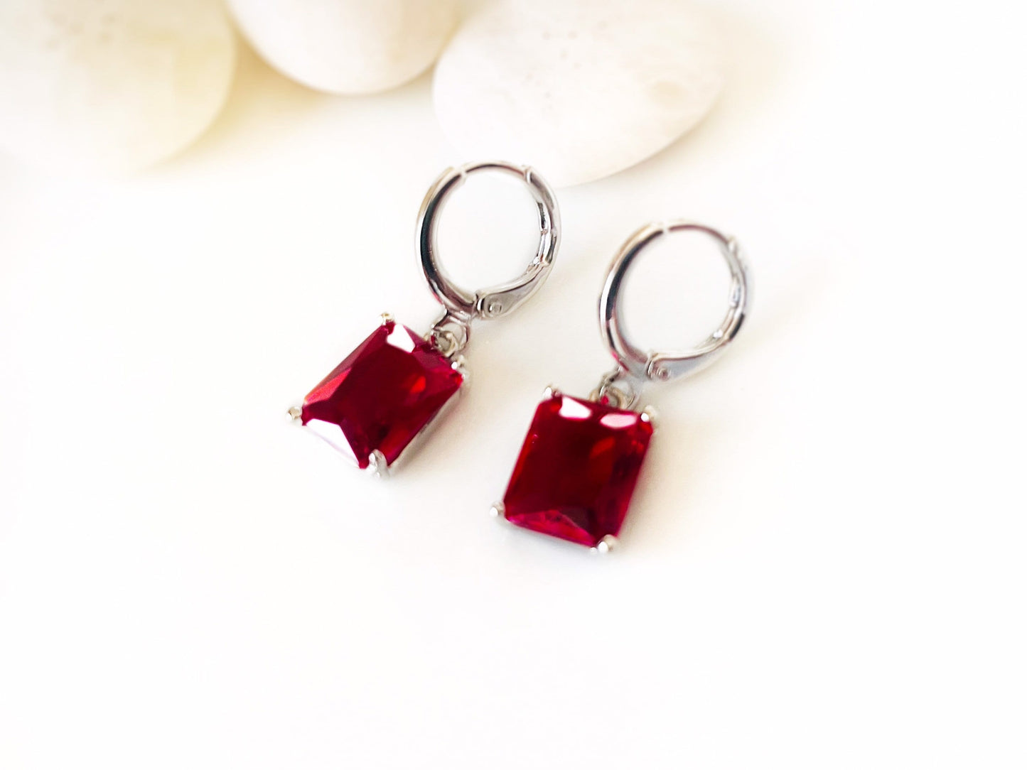 Small emerald cut ruby dangle earring, red gemstone drop earrings, July birthstone, gift for her, gift for daughter, Christmas gift