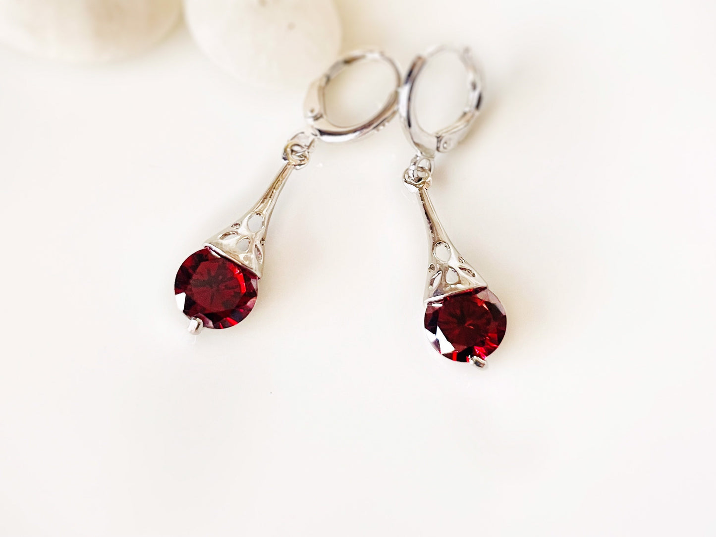 Garnet filigree dangle earrings, small dark red gemstone drop earrings, gift for her, gift for daughter, January birthstone