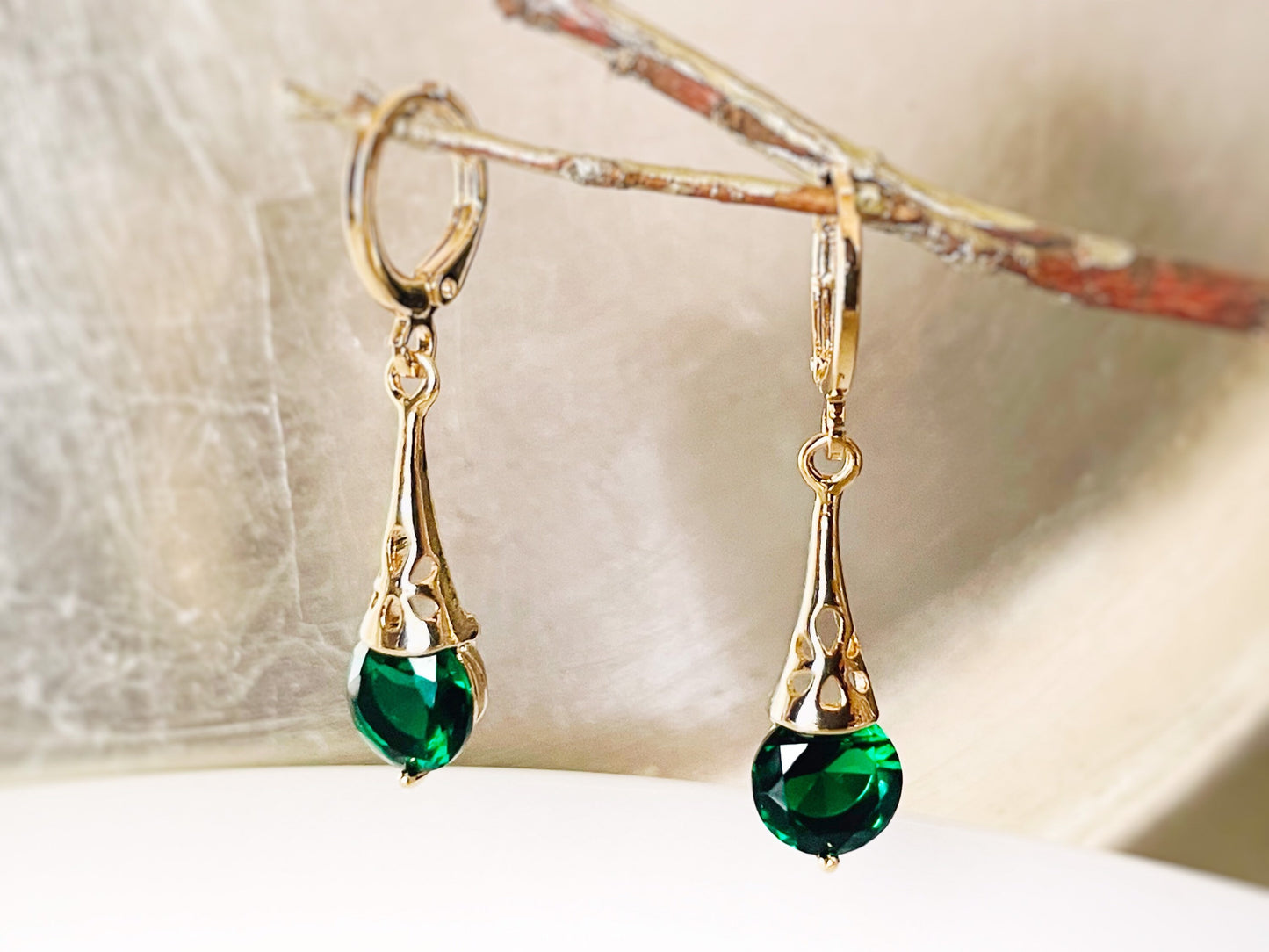 Emerald filigree dangle earrings, green gemstone dangles, gift for her, gift for daughter, May birthstone