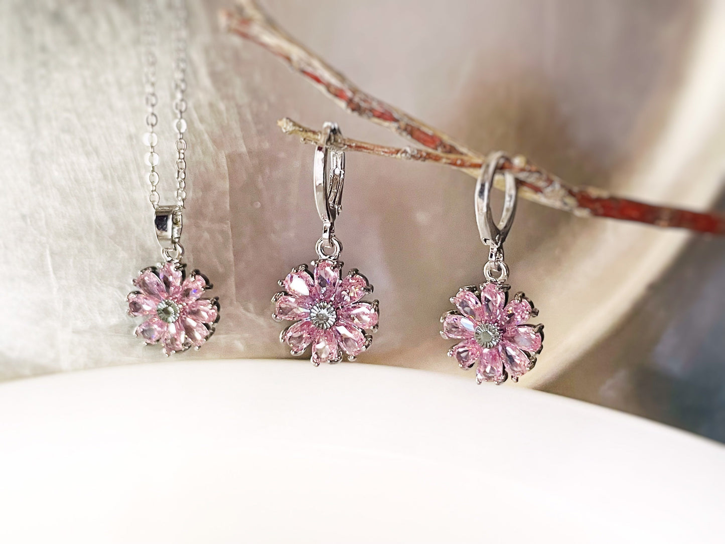 Pink sapphire daisy flower 2pc jewelry set