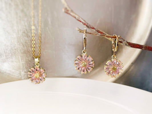Pink sapphire daisy flower 2pc jewelry set