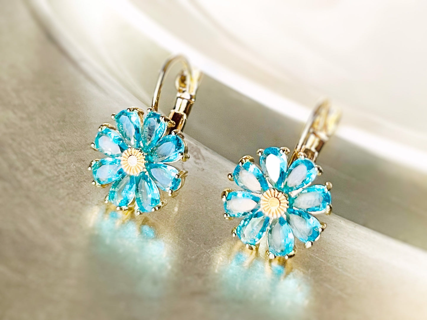 Blue topaz flower dangle earrings, blue gemstone daisy flower earrings, December birthstone earrings, gift for mom, gift for her