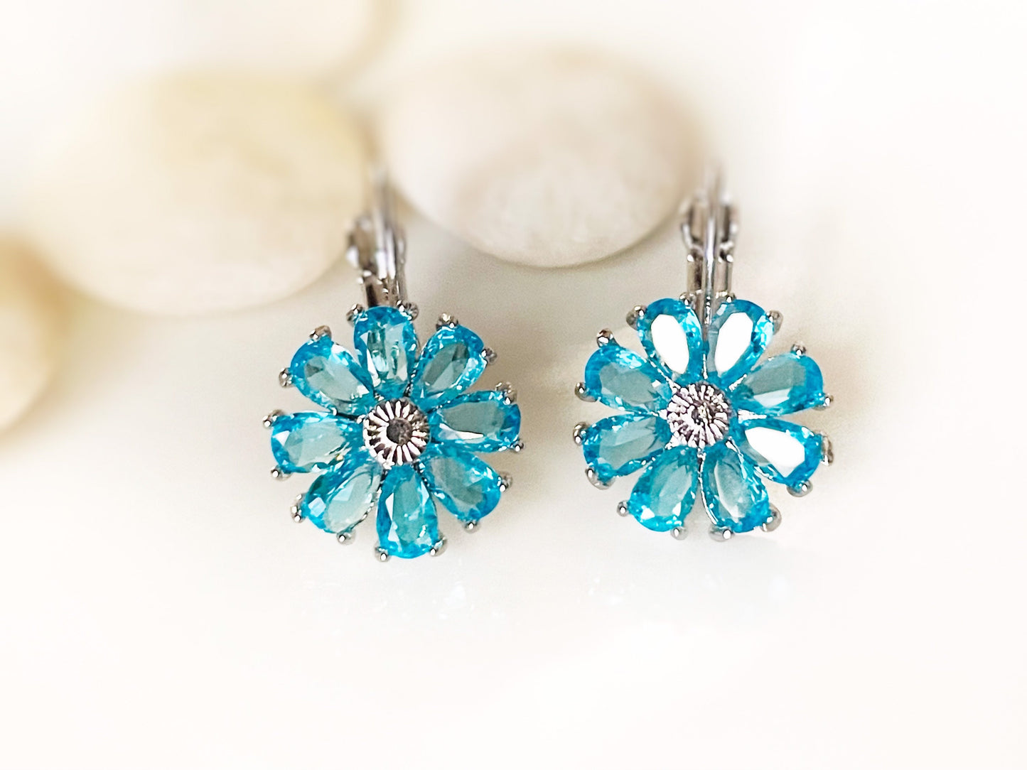Blue topaz daisy leverback earrings, blue gemstone flower earrings, December birthstone earrings, gift for mom, gift for her