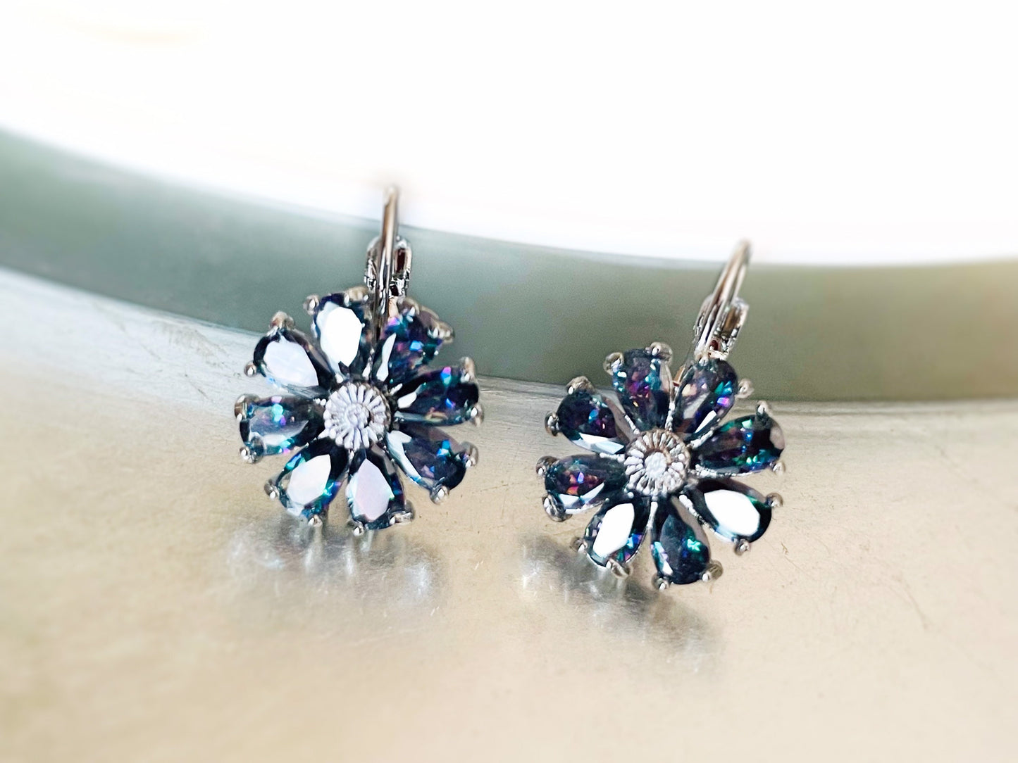 Mystic topaz flower dangle earrings, rainbow black gemstone daisy flower drop earrings, gift for mom, gift for her, June birthstone