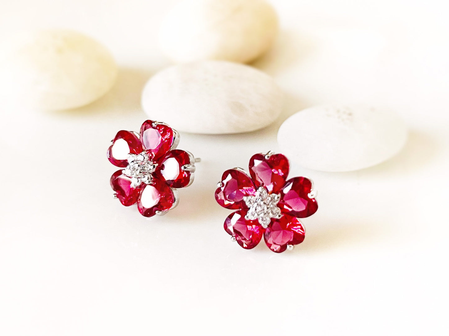 Pink tourmaline flower stud earring in 18K white gold, pink gemstone flower stud earrings, October birthstone, gift for mom, gift for her