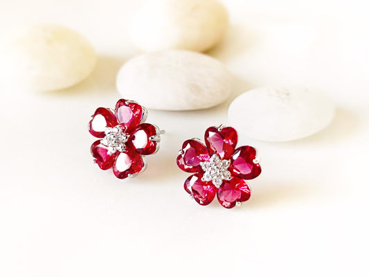 Pink tourmaline flower stud earring in 18K white gold, pink gemstone flower stud earrings, October birthstone, gift for mom, gift for her