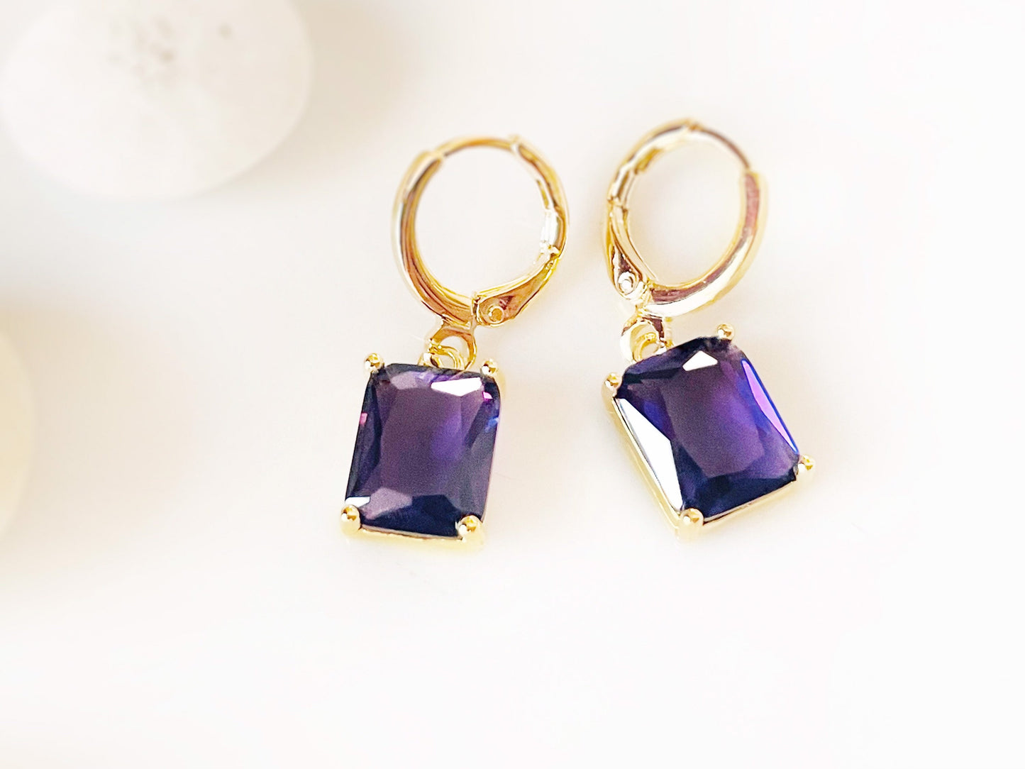 Small emerald cut amethyst dangle earrings, purple gemstone drop earrings, February birthstone, gift for women, gift for girls