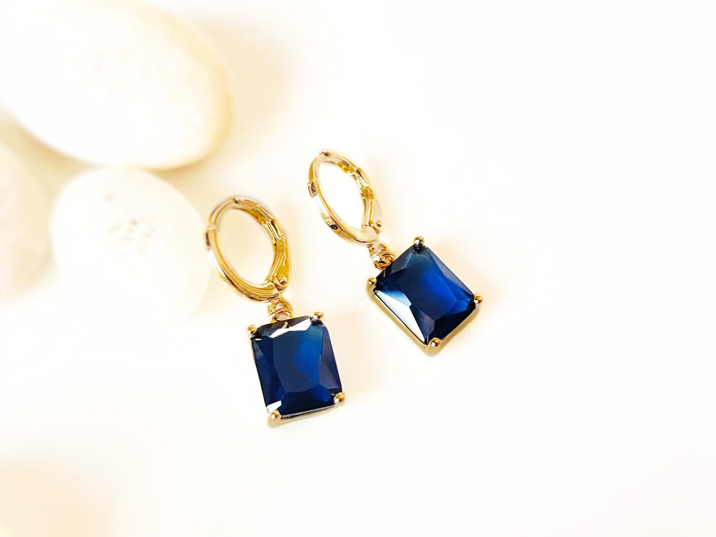 Small emerald cut sapphire dangle earrings, dark blue rectangular dangles, gift for her, gift for girls, September birthstone