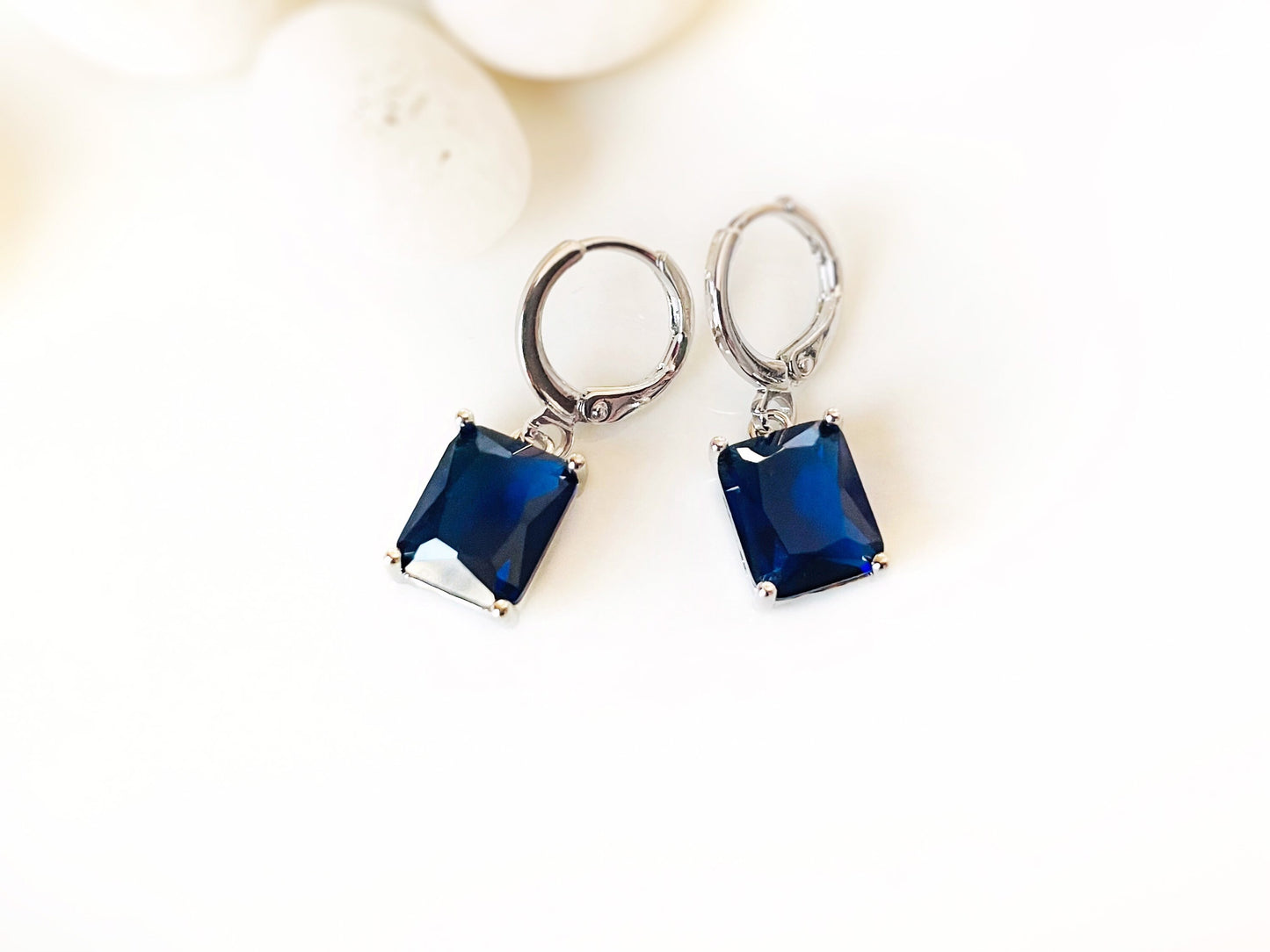 Small emerald cut sapphire dangling earring, small blue gemstone earrings, September birthstone, gift for her