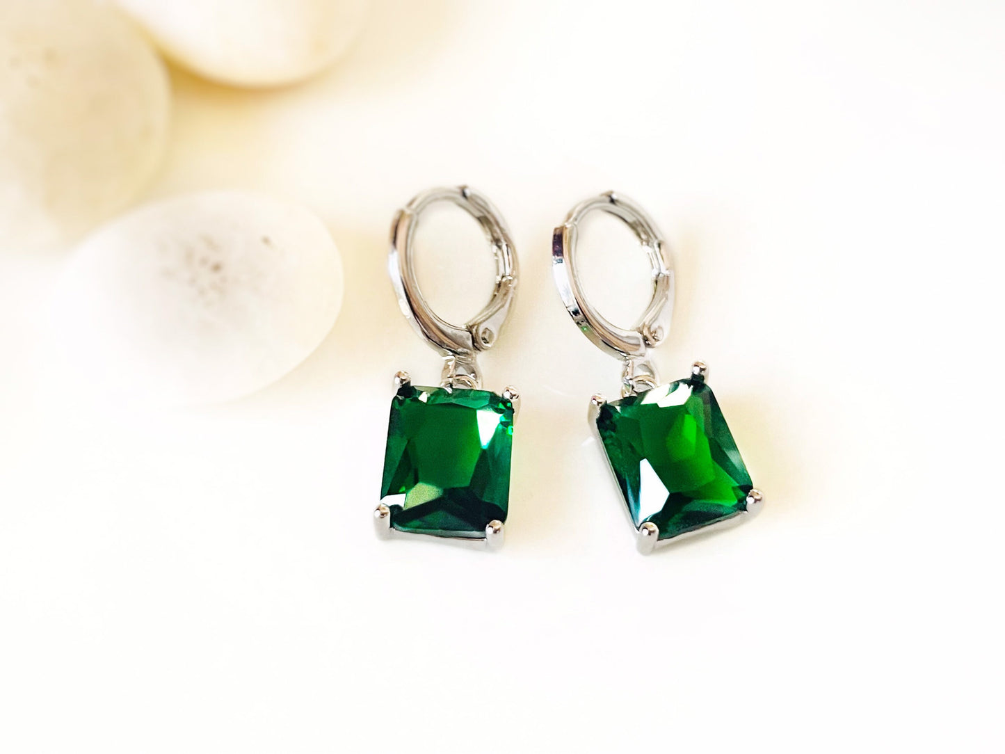 Small emerald cut emerald dangle earring, green gemstone drop earrings, gift for her, gift for girls, May birthstone