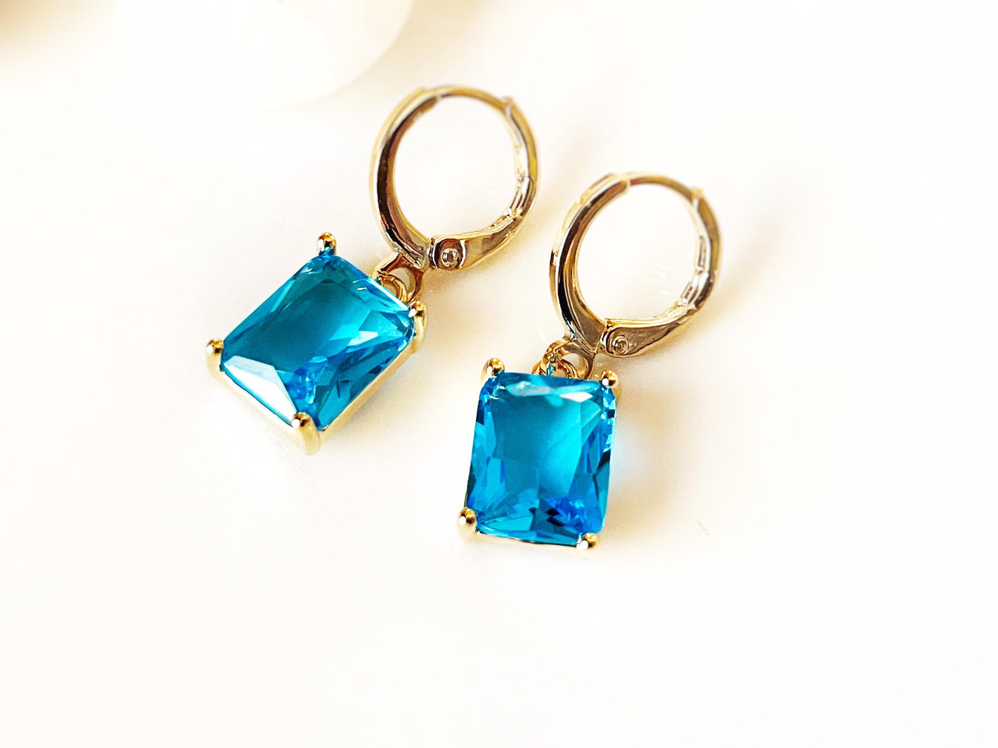 Small emerald cut blue topaz dangle earring, blue gemstone drop earrings, gift for her, gift for girls, December birthstone