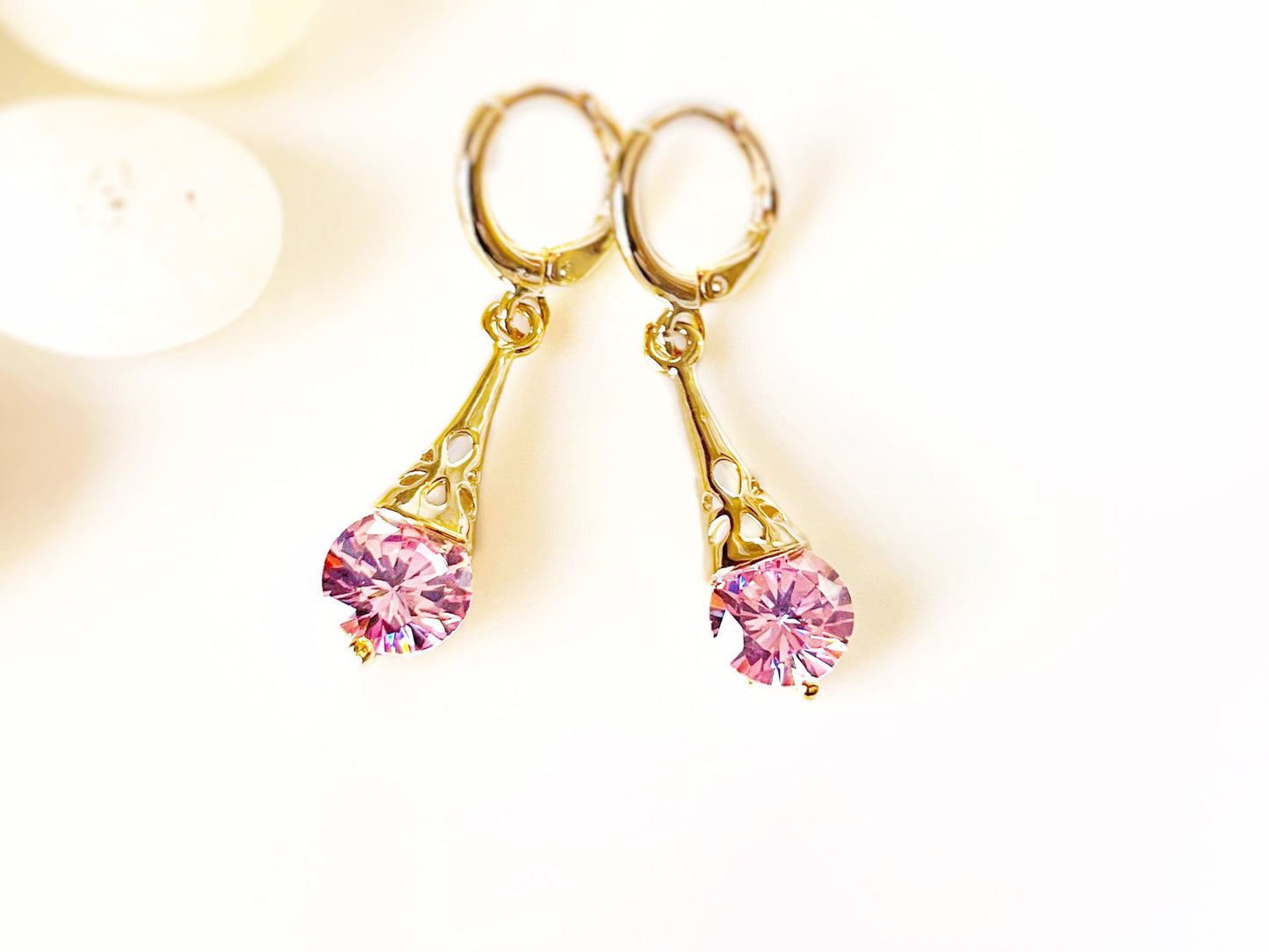 Pink sapphire filigree dangle earrings, small pink gemstone drop earrings, gift for her, gift for daughter, October birthstone