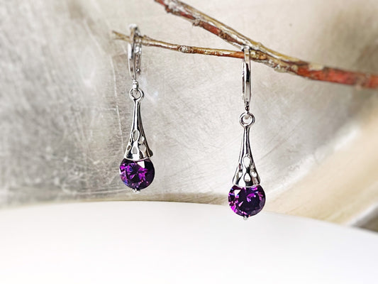 Amethyst filigree dangle earrings, dark purple gemstone drop earrings, gift for her, gift for daughter, February birthstone earrings