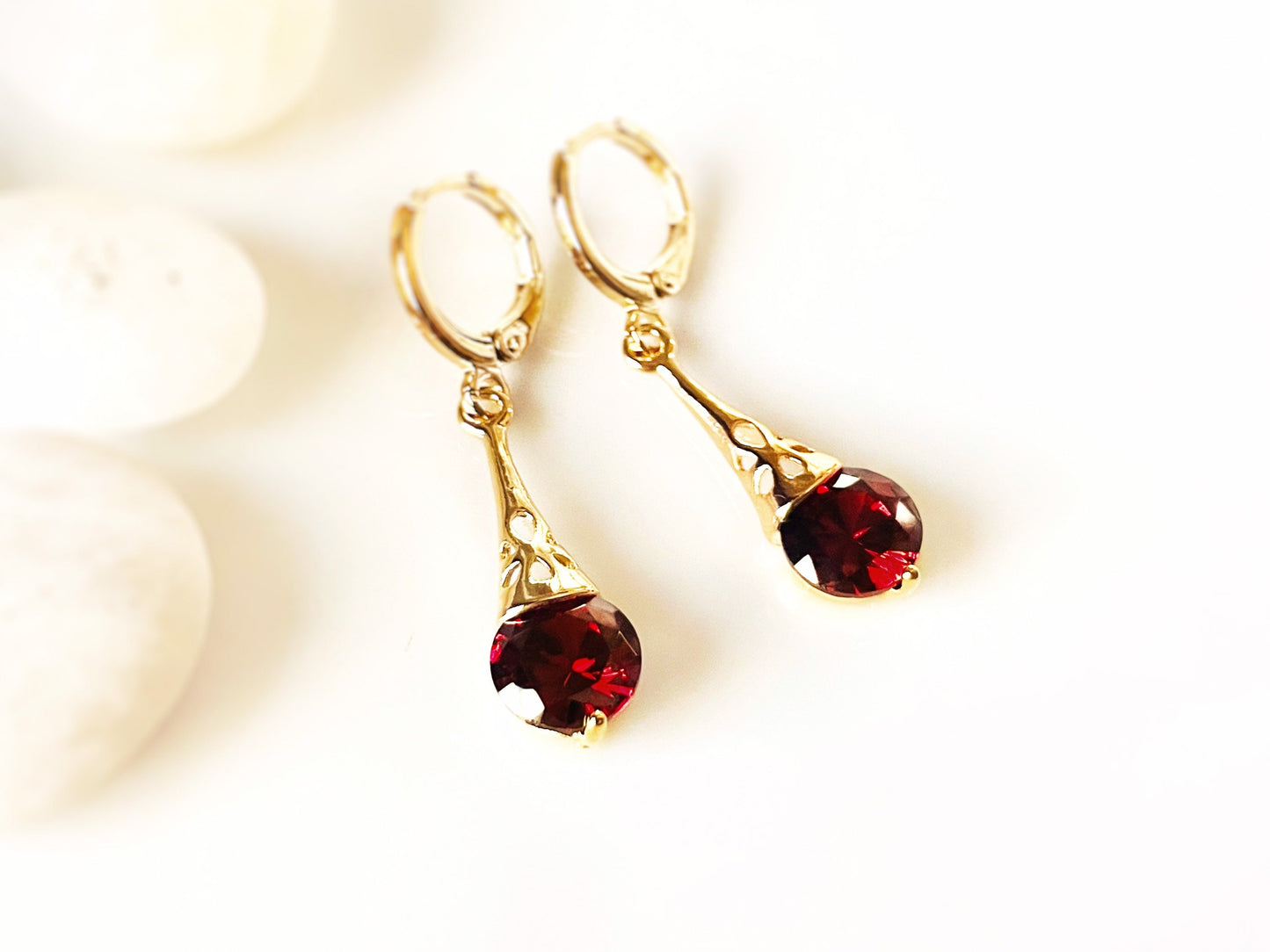 Garnet filigree dangle earrings, small dark red gemstone drop earrings, gift for her, gift for daughter, January birthstone