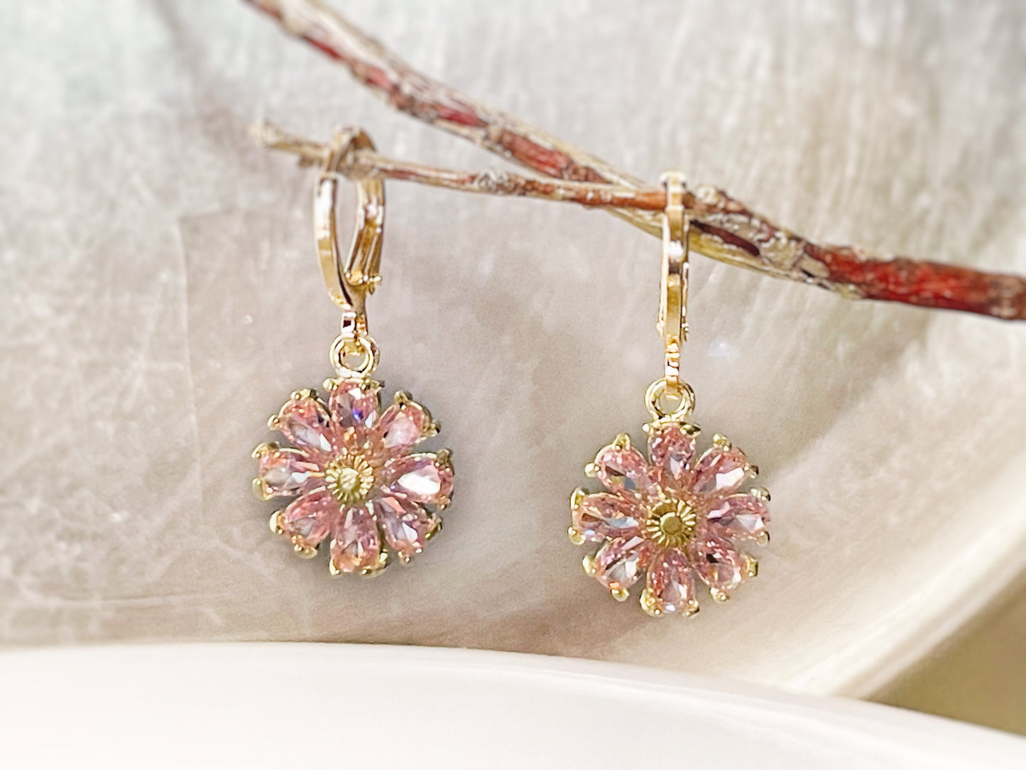 Pink sapphire daisy flower 2pc jewelry set