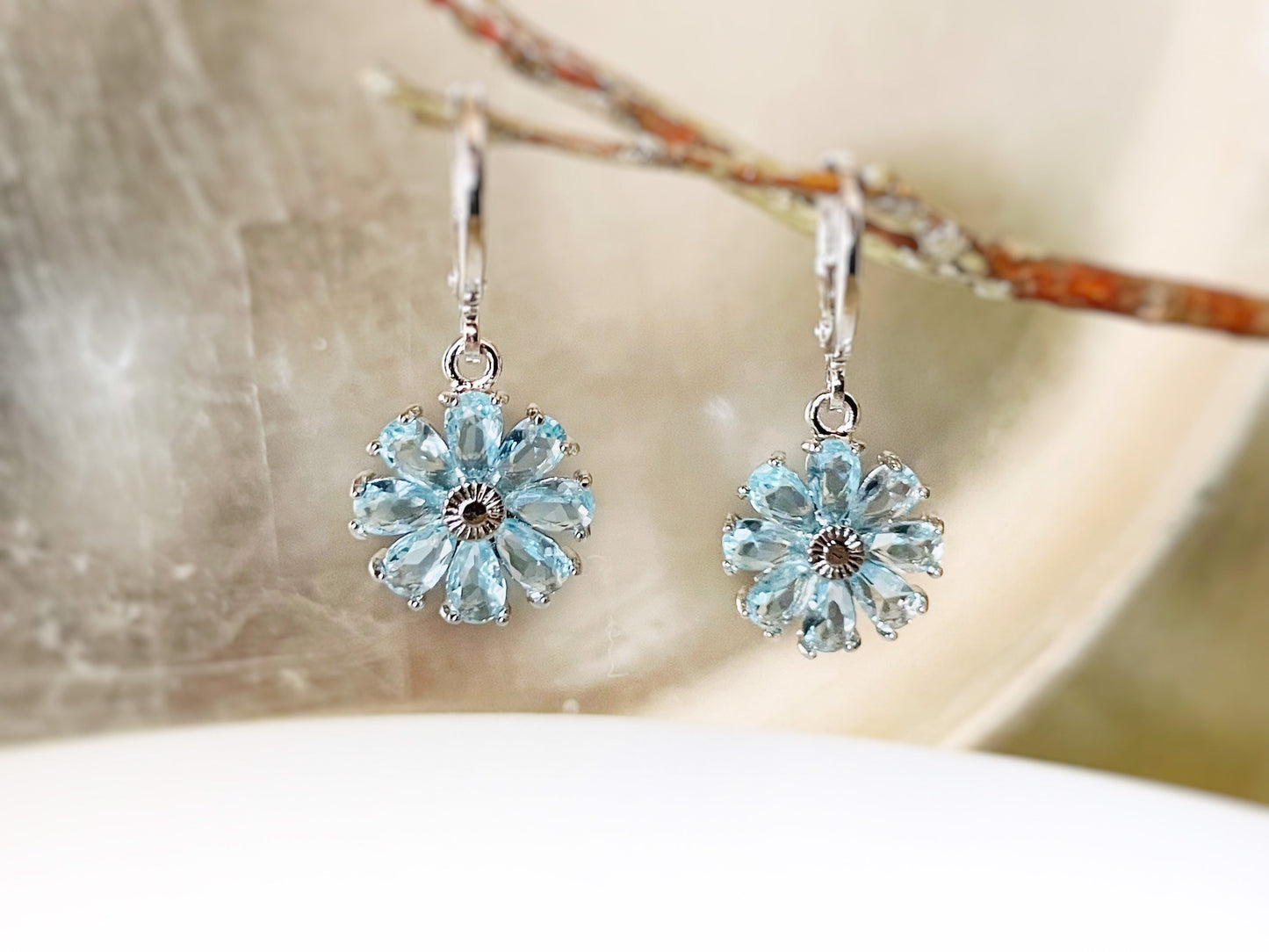 Aquamarine flower stud earrings 925 silver post, light blue gemstone daisy flower stud earring, March birthstone, gift for mom, gift for her